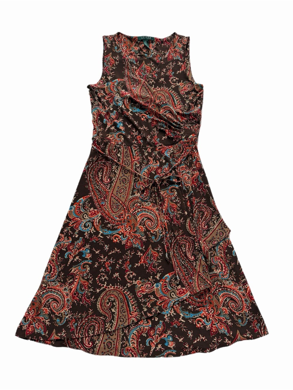 Lauren Ralph Lauren Y2K Brown Paisley Faux Wrap Jersey Dress S Festival Boho